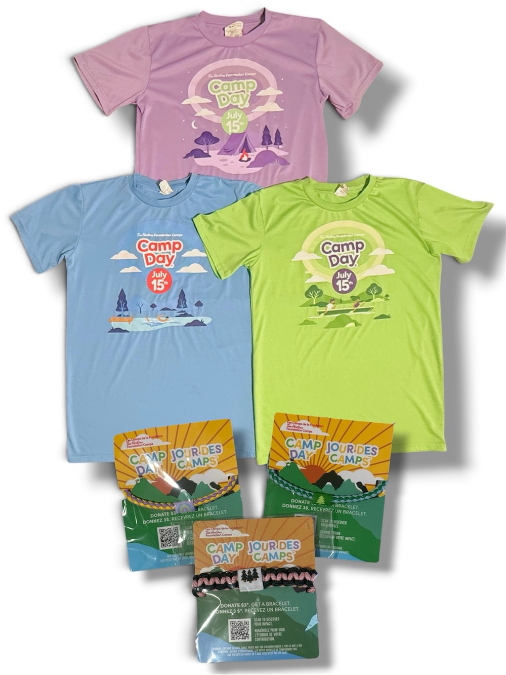 Tim Hortons Camp Day Staff Crew Shirts Small Lot 3 W/ 3 Sealed Bracelets 2025/26